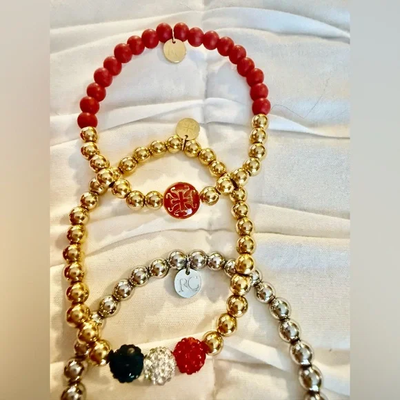 SET OF 3 - Beaded Rustic Cuff Red, Silver, Gold Beaded Bracelets - Picture 2 of 3